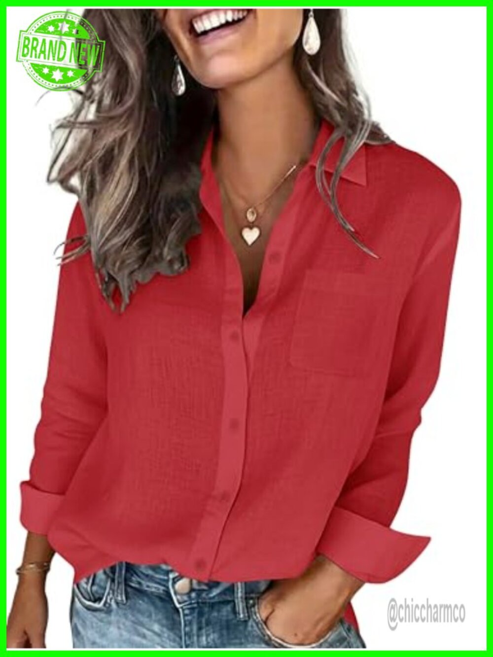 Women's Cotton Linen Textured Button Down Shirt Long Sleeve Collared Blouse